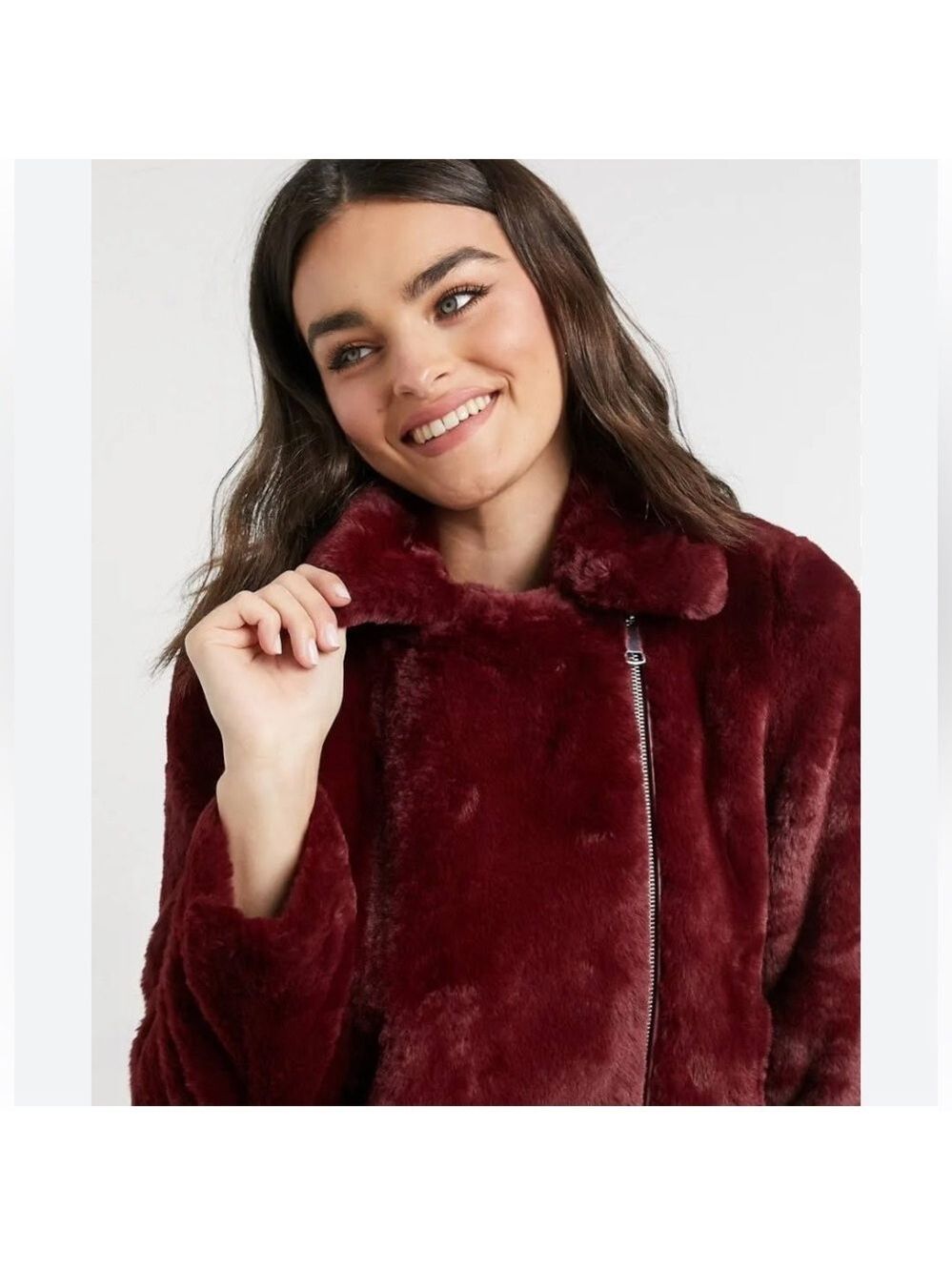 Vero Moda Thea Wine Red Faux Fur Moto Jacket - Size Small